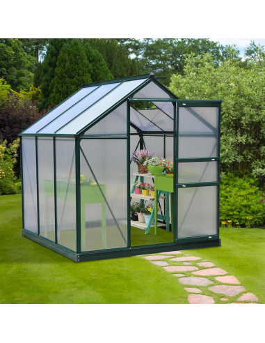 Serre de Jardin Verte ALU Polycarbonate 3,65m² avec Base et Gouttière Serre Potager