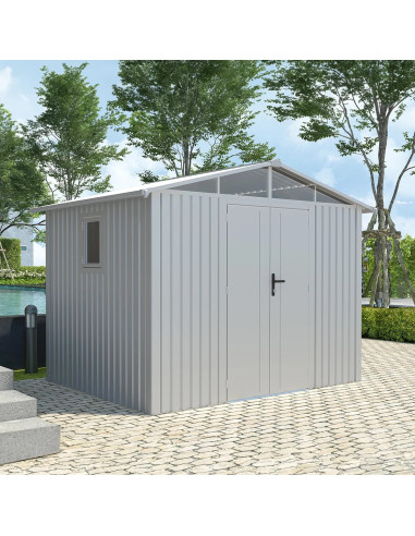 Abri de Jardin métal Blanc Alu HAUT DE GAMME Double Pente 7,05 m² + Kit Ancrage Abri métallique