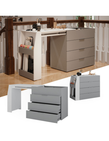 Bureau Extensible avec Commode 4 Tiroirs Blanc Gris Moderne Bureau Gain de Place