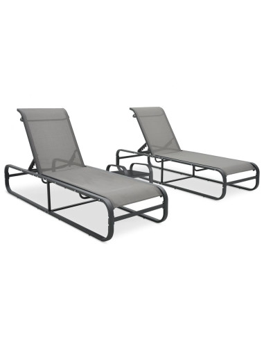 (Lot de 2) Chaise Longue Aluminium et Textilène Gris + Table d'appoint Bain de Soleil ALU Transat 2 Personnes