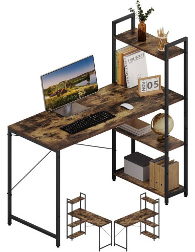 Bureau avec Étagères Latérales à 4 Niveaux Table Travail avec Rangement Brun Rustique et Noir