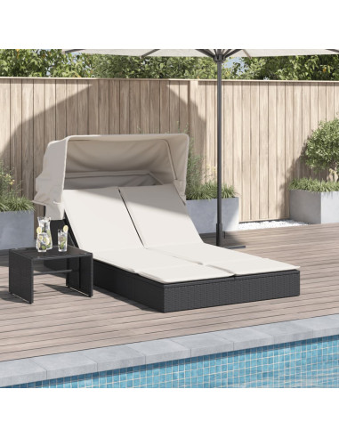 Chaise Longue Double Noir avec Auvent Résine Tressée Transat Jardin Double