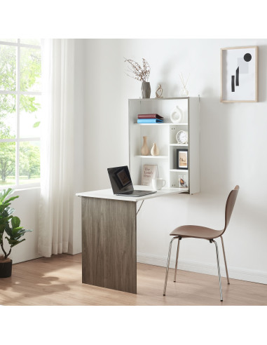 Bureau Pliant Blanc et Aspect Bois Table Murale Gain de Place