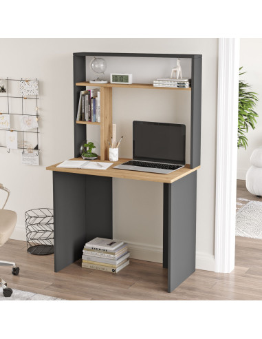 Bureau Anthracite et Chêne avec Rangement Haut Table de Travail Moderne