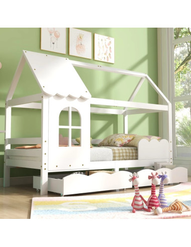 Lit Montessori Blanc Enfant 90x200 cm avec 2 Tiroirs Rangement Lit Cabane Maison avec Sommier Pin Massif