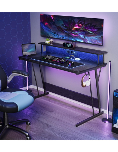 Bureau Gaming 120 cm Avec Réhausse Noir LED + Multiprise Bureau de Jeu Gamer Bureau Informatique