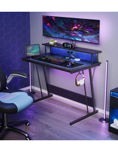 Bureau Gaming 100 cm Avec Réhausse Noir LED + Multiprise Bureau de Jeu Gamer Bureau Informatique