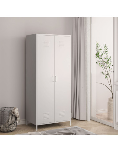 Armoire Métal Blanche Dressing 2 Portes avec Penderie Garde-robe Chambre