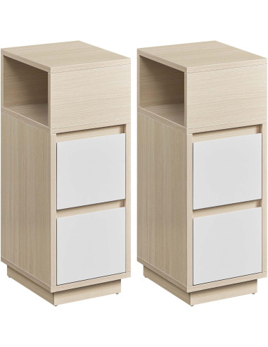 (Lot de 2) Table de Chevet Blanche Chêne 2 Tiroirs 1 Compartiment Ouvert Table de Nuit Haute