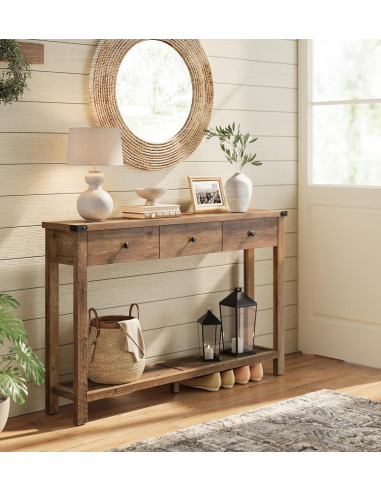 Console Marron 3 Tiroirs Table d'Entrée en Bois avec Etagère de Rangement