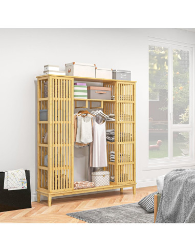 Penderie en Bambou Chambre Armoire Bambou Naturel avec 2 Portes Coulissantes Tringles Etagères