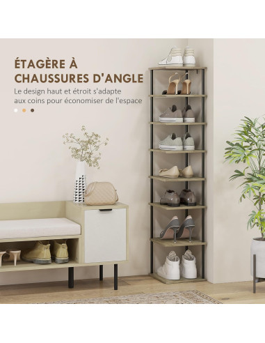 Etagère à Chaussures 8 Niveaux Chêne Design Rangement Chaussures Meuble d'Entrée