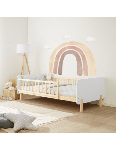 Lit Enfant 90x200 cm en Pin Massif Lit avec Sommier Cadre de Lit avec Sommier