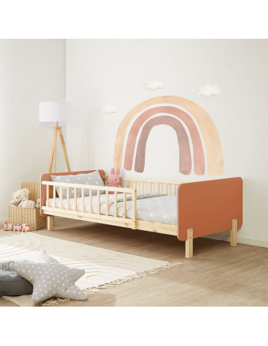 Lit Enfant 90x200 cm en Pin Massif Rouge Orangé Lit avec Sommier Cadre de Lit avec Sommier