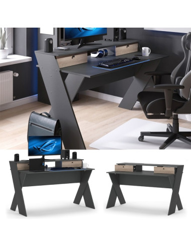 Bureau Gamer Anthracite et Chêne Table de Jeu Bureau Gaming 2 Tiroirs