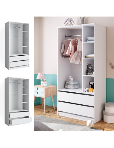 Grande Armoire Blanche Penderie Ouverte 2 Tiroirs 4 Compartiments Ouverts