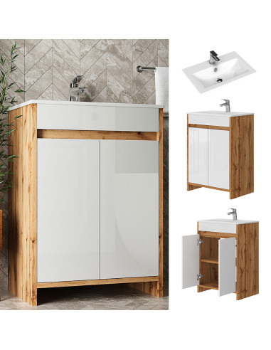 Meuble de Salle de Bain 60 cm avec Vasque Chêne et Blanc Meuble avec Lavabo en Céramique