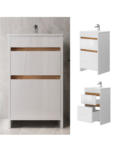 Meuble de Salle de Bain 50 cm avec Vasque 2 Tiroirs Chêne et Blanc Meuble avec Lavabo en Céramique