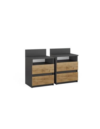 (Lot de 2) Table Chevet Chêne et Anthracite 2 Tiroirs Table de Nuit Moderne Chevet Chambre en Bois